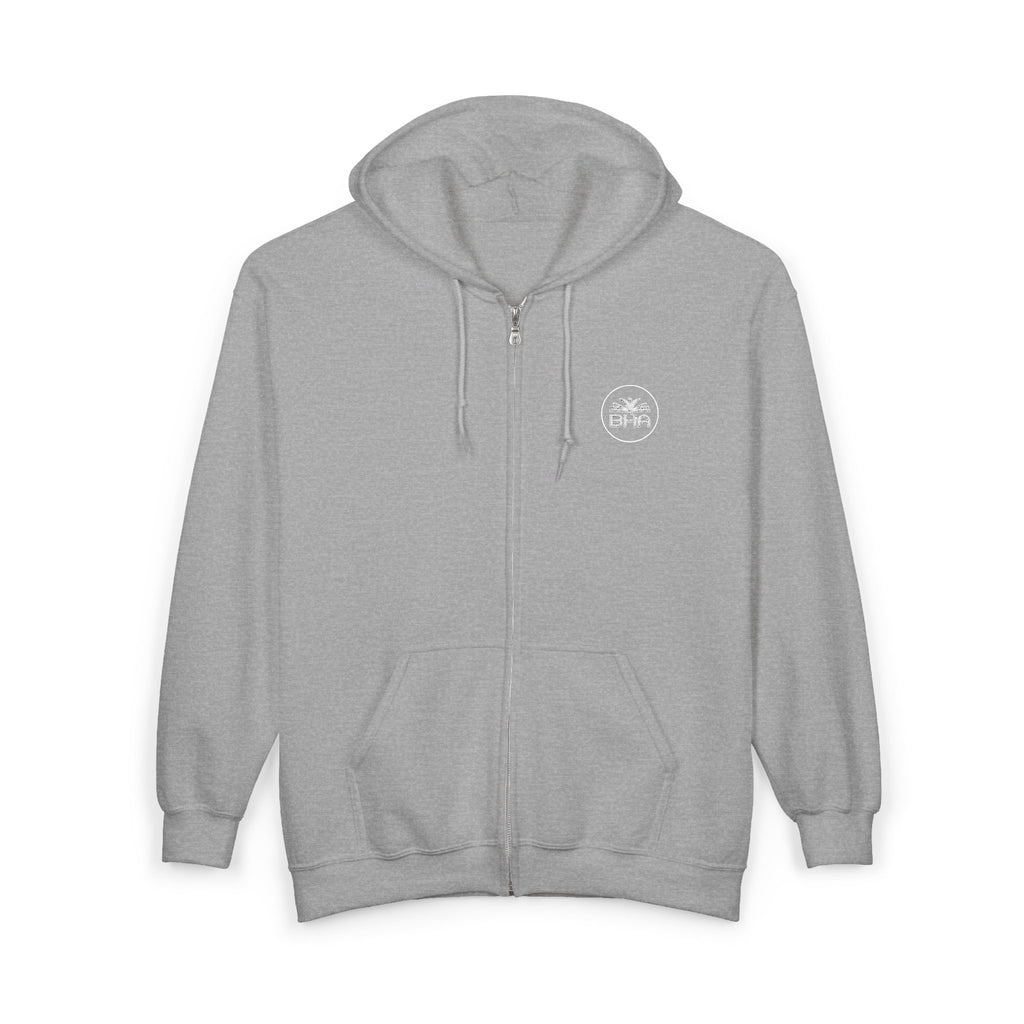BHA White Embroidered Logo - Cozy Unisex Full Zip Hooded Sweatshirt