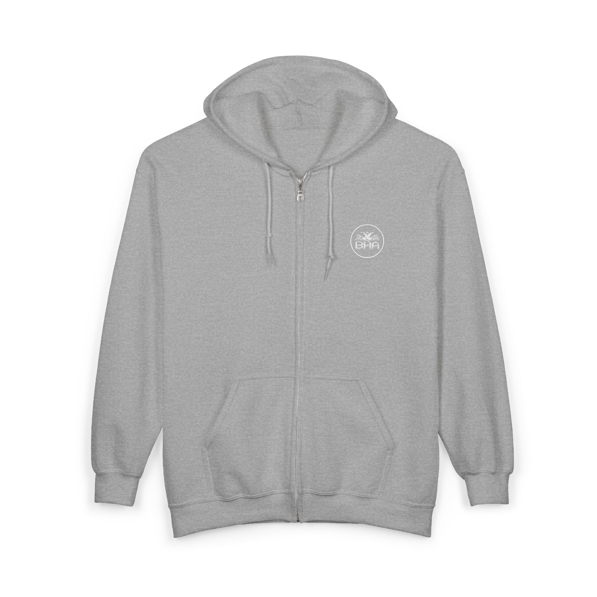 BHA White Embroidered Logo - Cozy Unisex Full Zip Hooded Sweatshirt