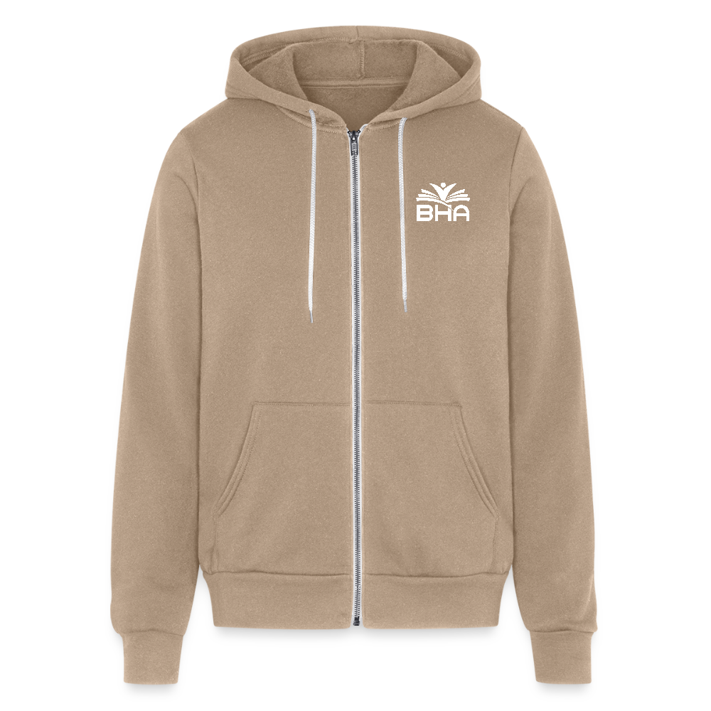 BHA Logo - White Logo - Lightweight Unisex Full Zip Hoodie - tan